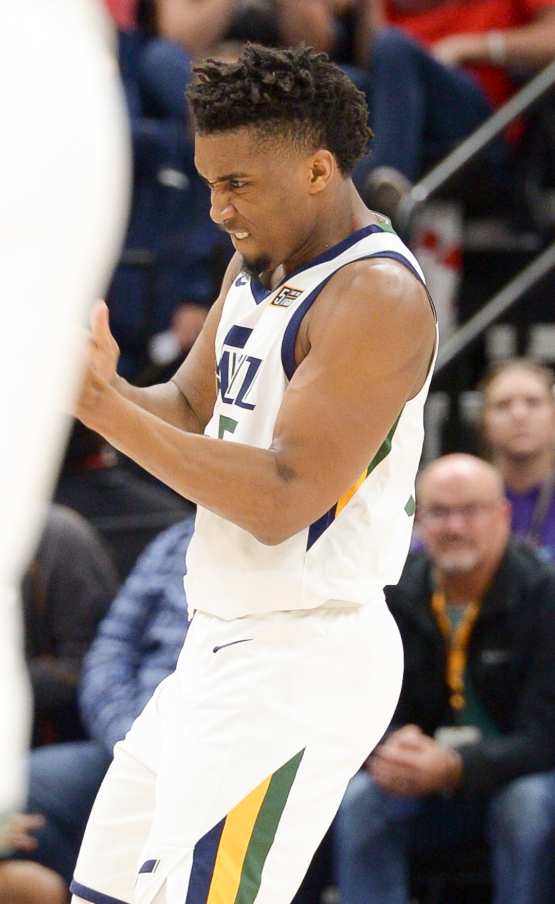 (Leah Hogsten  |  The Salt Lake Tribune)  Utah Jazz guard Donovan Mitchell (45) celebrates his 3-point bucket.  The Utah Jazz lead the Golden State Warriors 62-33 during their game, Tuesday, April 10, 2018 at the Vivant Smart Home Arena. 