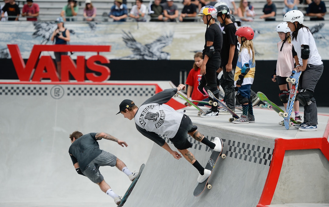 (Francisco Kjolseth  |  The Salt Lake Tribune)  Skate legend Tony Hawk and other pro skaters gather for a community skate as a first look of the new Vans - Utah Sports Commission Skatepark at the Utah State Fairpark on Tuesday, Sept. 3, 2019.