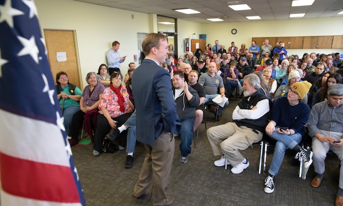 (Keith Johnson  |  for The Salt Lake Tribune) Newly elected Utah Congressman Ben McAdams, representing Utah's 4th District, answers questions during a town hall meeting at the Redwood Recreational Center in West Valley City, Utah on Jan. 19, 2019. McAdams held the town hall meeting to make good on a promise to be more accessible to constituents, a criticism he leveled against former congresswoman Mia Love during McAdam's campaign. 