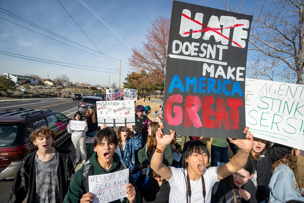 (Rick Egan | The Salt Lake Tribune) Students from Kearns High school stage a walkout protest against ICE on Tuesday, Jan. 27, 2026.