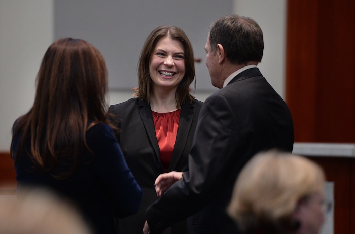 (Scott Sommerdorf   |  The Salt Lake Tribune)   during the Paige Petersen speaks with Utah Governor Gary Herbert, right prior to her investiture ceremony as the new Utah Supreme Court justice, Friday, January 19, 2018.