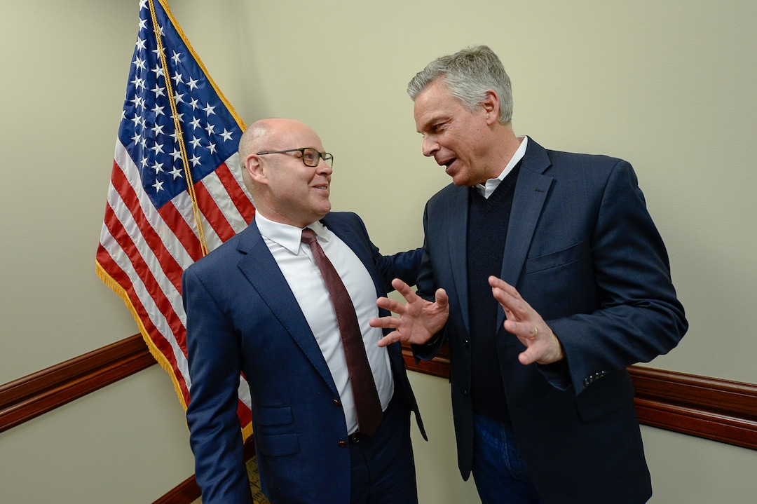 (Francisco Kjolseth  |  The Salt Lake Tribune) Businessman Jeff Burningham, left, speaks with former Gov. Jon Huntsman, prior to the two gubernatorial candidates speaking to the Professional Republican Women of Utah during their membership luncheon at the Capitol in Salt Lake City on Thursday, Jan. 23, 2020.