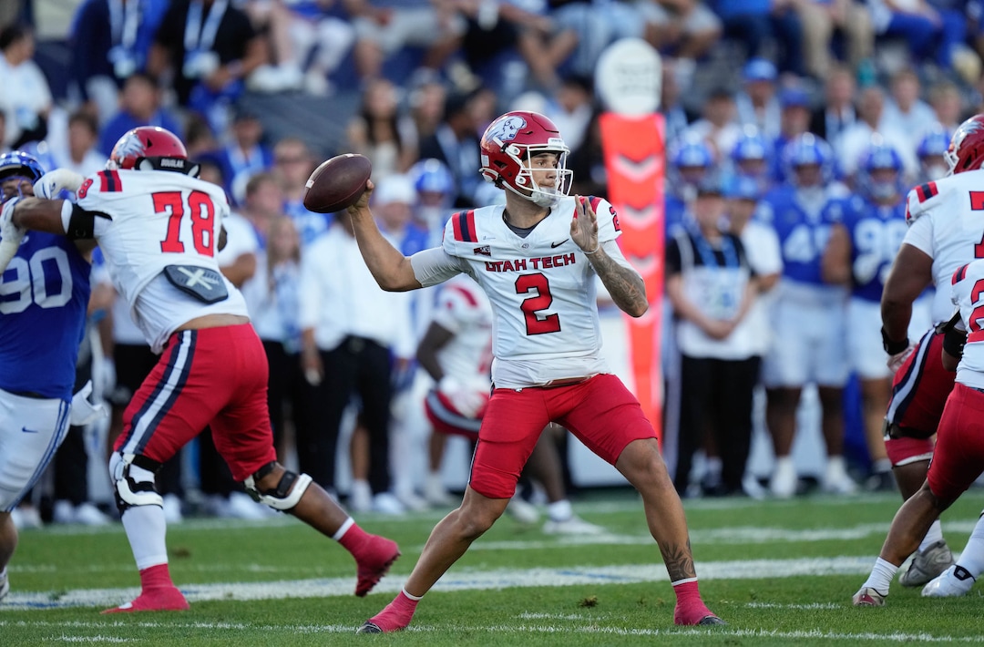 (Francisco Kjolseth | The Salt Lake Tribune) Utah Tech Trailblazers quarterback CJ Tiller (2) during the first half of an NCAA college football game against Utah Tech, Saturday, Sept. 5, 2026, at LaVell Edwards Stadium in Provo.