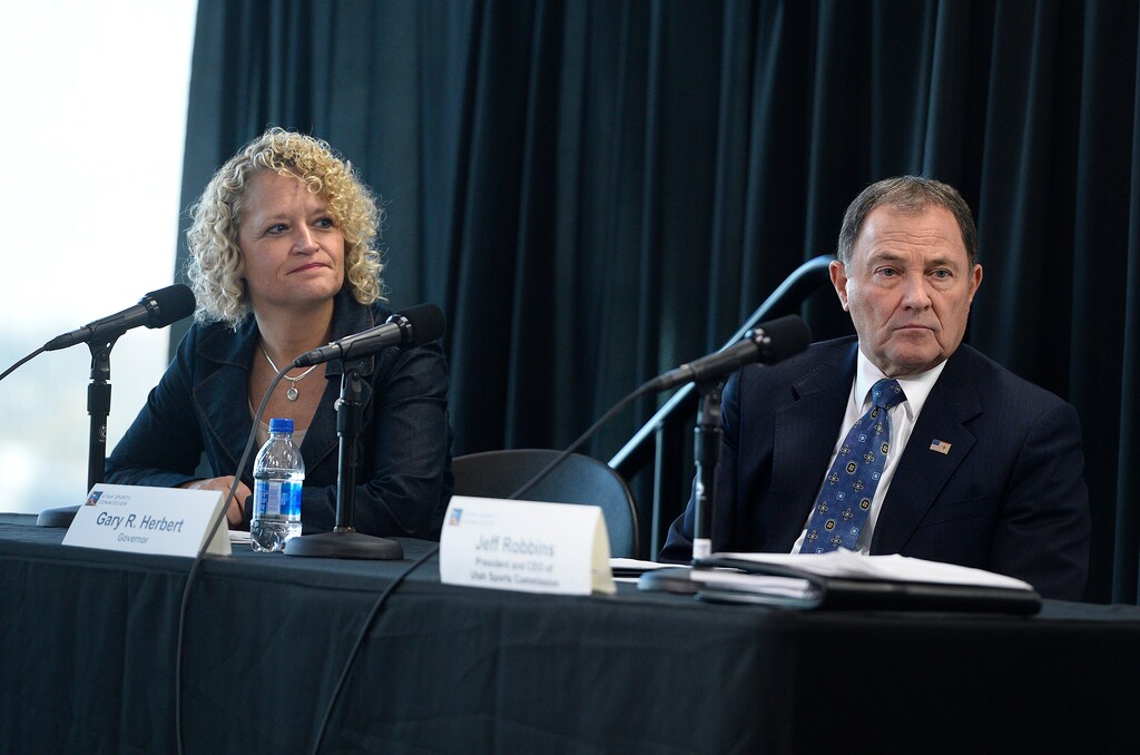 (Scott Sommerdorf | Tribune file photo)
Salt Lake City Mayor Jackie Biskupski, left, and Utah Gov. Gary R. Herbert listen as members of the newly announced Olympic/Paralympic Exploratory Committee (OEC) meet with members of the media to outline their reasons for exploring the possibility of hosting a future Olympic Winter Games, Oct. 19, 2017.