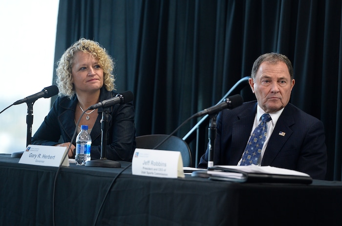 (Scott Sommerdorf | The Salt Lake Tribune)
Salt Lake City Mayor Jackie Biskupski, left, and Utah Governor Gary R. Herbert listen as members of the newly-announced Olympic/Paralympic Exploratory Committee (OEC) met with members of the media to outline their reasons for exploring the possibility of hosting a future Olympic Winter Games, Thursday, October 19, 2017.