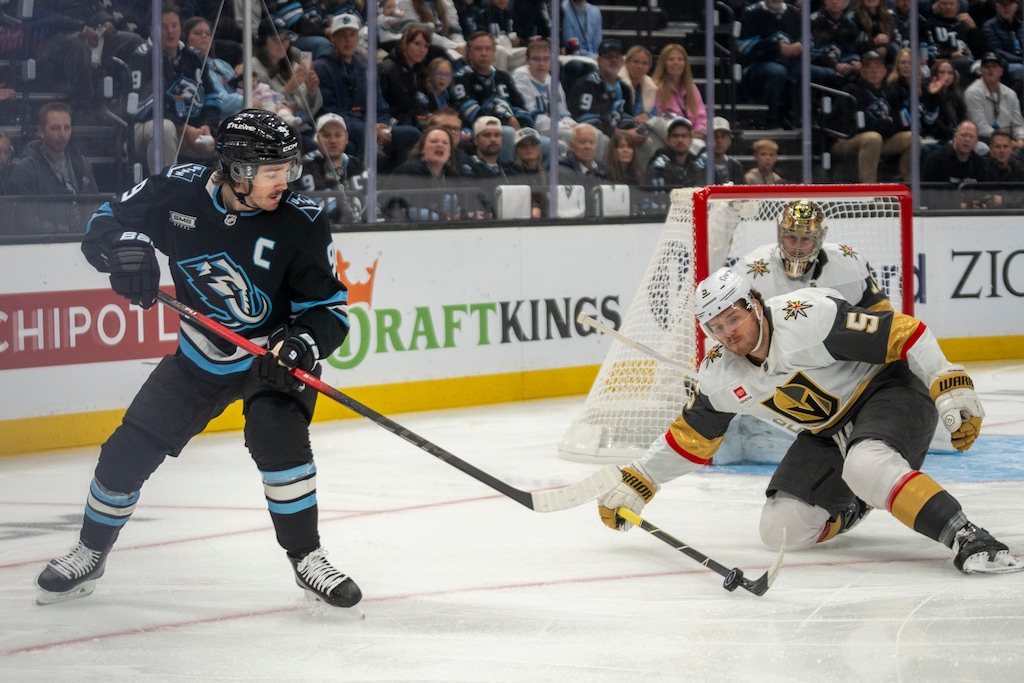 (Rick Egan | The Salt Lake Tribune) Vegas Golden Knights defenseman Jeremy Lauzon blocks a shot by Utah Mammoth right wing Clayton Keller (9) on Monday night.
