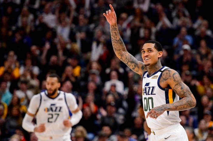 (Trent Nelson  |  The Salt Lake Tribune) Utah Jazz guard Jordan Clarkson (00) hits a three-pointer as the Utah Jazz host the Sacramento Kings, NBA basketball in Salt Lake City on Saturday, Jan. 18, 2020.