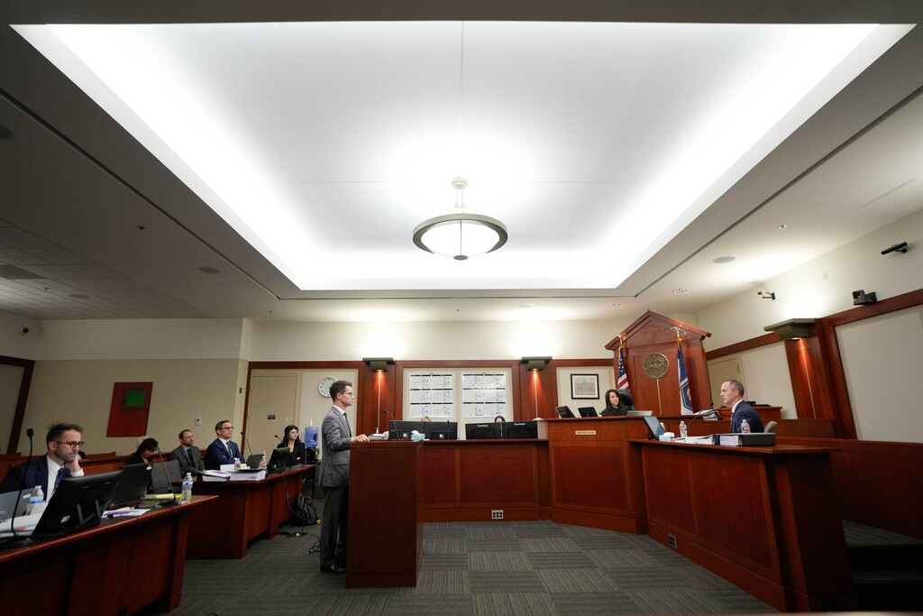 (Francisco Kjolseth | The Salt Lake Tribune) Defense attorney Soren Geiger hears testimony from Michael Barber, a political science professor at Brigham Young University, during a hearing on congressional redistricting maps before Judge Dianna Gibson in 3rd District Court in October.