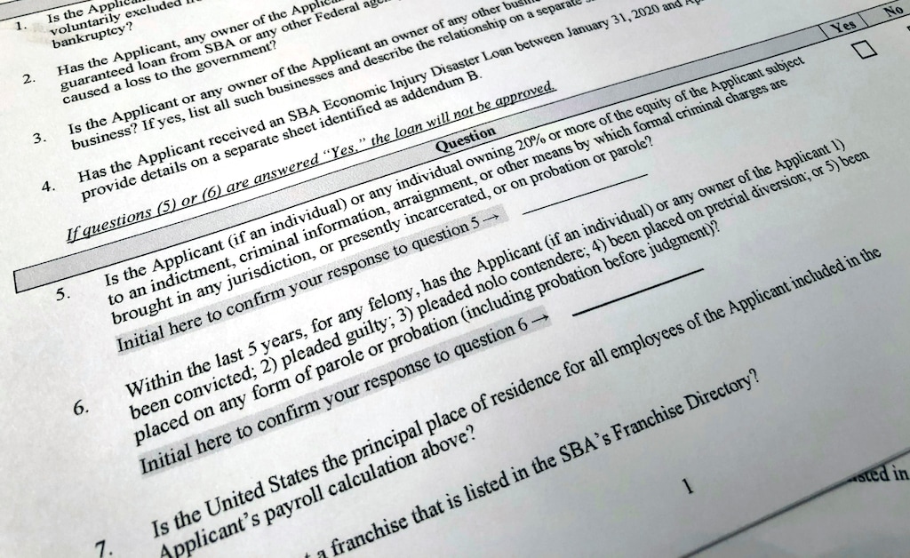 (AP Photo  |  Wayne Partlow)  Shown is a portion of a Small Business Administration Paycheck Protection Program Borrower Application Form, Tuesday, April 21, 2020, in Washington.
