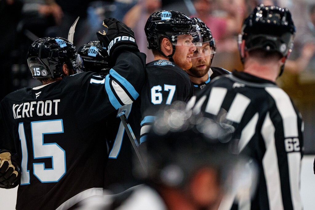 (Trent Nelson  |  The Salt Lake Tribune) Utah Hockey Club forward Lawson Crouse (67) celebrates a goal as Utah Hockey Club hosts the Los Angeles Kings, NHL pre-season hockey in Salt Lake City on Monday, Sept. 23, 2024.