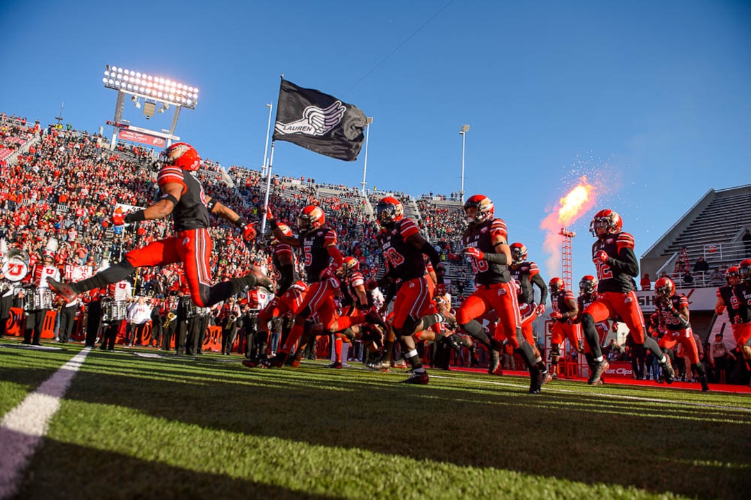 (Trent Nelson | The Salt Lake Tribune)  Utah takes the field. Utah Utes host the Oregon Ducks, NCAA football at Rice-Eccles Stadium in Salt Lake City on Saturday Nov. 10, 2018.
