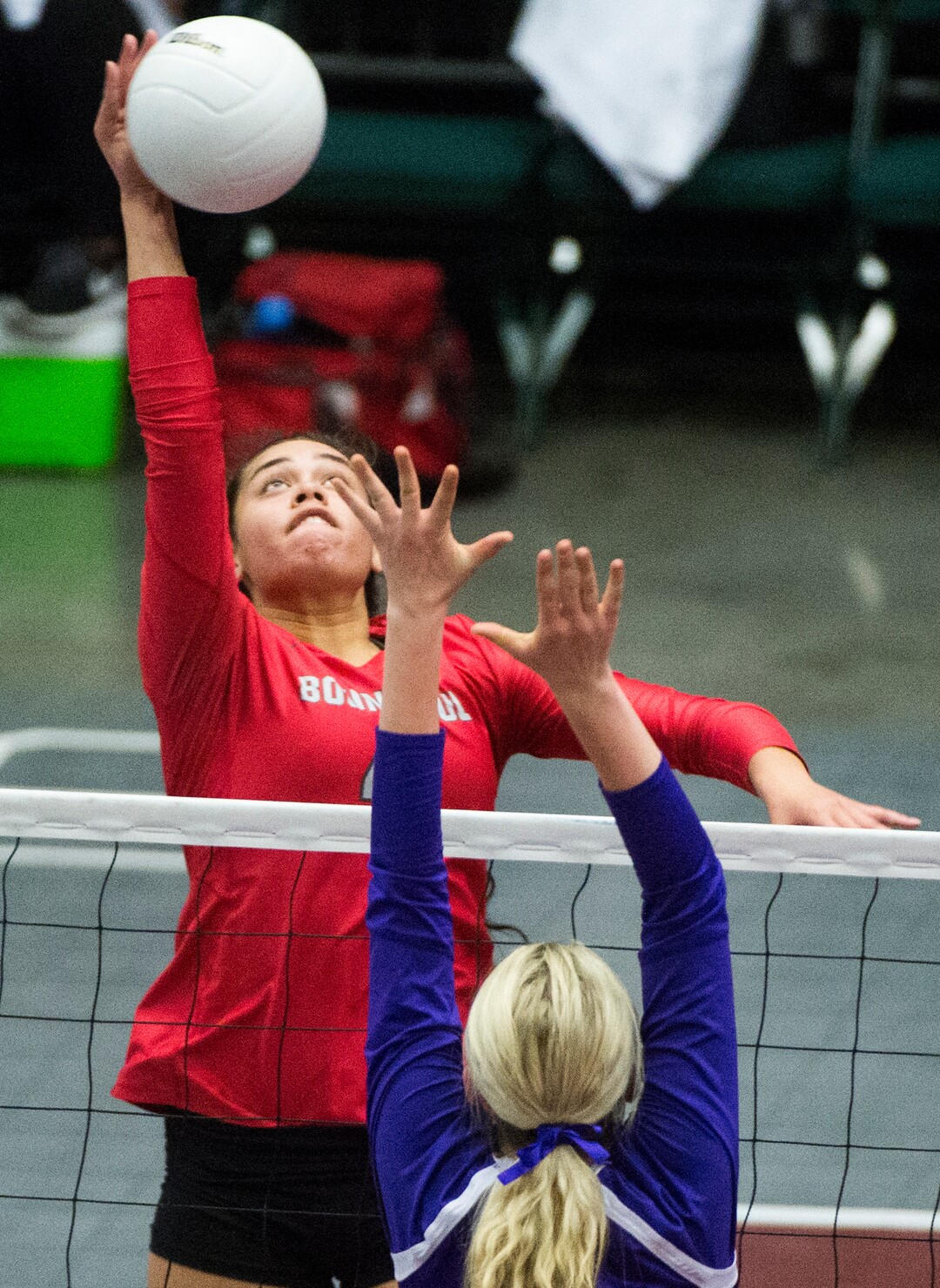 (Rick Egan  |  The Salt Lake Tribune) Bountiful Braves Brook Pe’a (4) hits the ball, in 5A volleyball championship game, Bountiful vs. Box Elder, at Utah Valley University, Saturday, November 4, 2017.