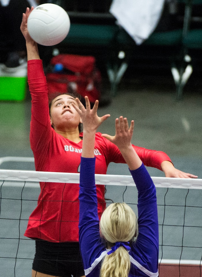 (Rick Egan  |  The Salt Lake Tribune) Bountiful Braves Brook Pe’a (4) hits the ball, in 5A volleyball championship game, Bountiful vs. Box Elder, at Utah Valley University, Saturday, November 4, 2017.