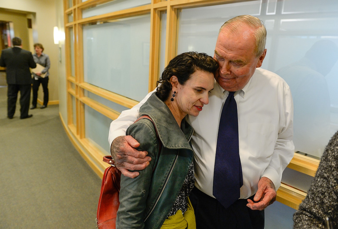 (Francisco Kjolseth | The Salt Lake Tribune) Professor Jody Rosenblatt is comforted by Huntsman Cancer Institute founder Jon Huntsman Sr. following the unexpected news that Mary Beckerle, acclaimed researcher at Hunstman Cancer Institute was fired from her post as CEO and director of the Institute. In an email sent Monday afternoon, Vivian Lee, senior Vice President of Health Sciences at the University of Utah announced the departure without reason.