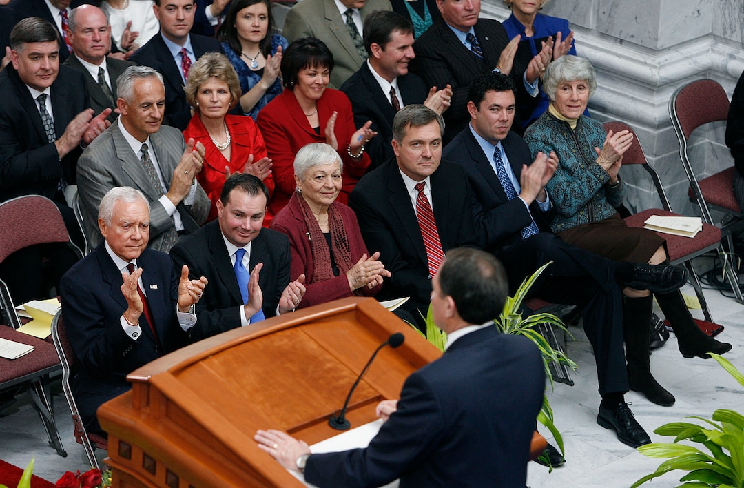 (Scott Sommerdorf  l  Tribune file photo) The front row from left to right of: U.S. Senator Orrin Hatch, U.S. Senator-elect Mike Lee, Norma Matheson, Congressman Jim Matheson, Congressman Jason Chafftez, and Pamela Atkinson react to the speech by Utah Governor Gary R. Herbert. The inauguration of Utah Governor Gary R. Herbert as the seventeenth Governor of the State of Utah in 2011.