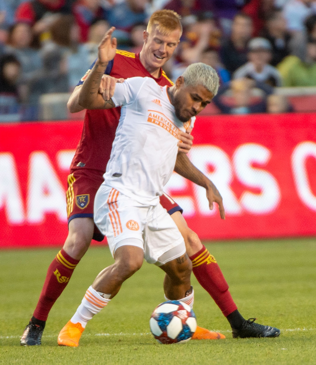 (Rick Egan  |  The Salt Lake Tribune).  Atlanta United forward Josef Martinez (7) goes for then ball along with Real Salt Lake defender Justen Glad (15), in MLS soccer action between Real Salt Lake and Atlanta United at Rio Tinto Stadium in Sandy, Friday, May 24, 2019.