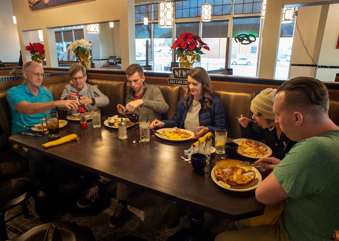 (Rick Egan  |  The Salt Lake Tribune)  The Eyre family — Ron, Julianne, Kaden, Ashley, Channing and Jordan — dine at Tru Religion Pancake & Steakhouse, which opened recently in Orem. The new restaurant features the antique furniture from Salt Lake City's Lamb's Grill. Friday, Dec. 28, 2018.