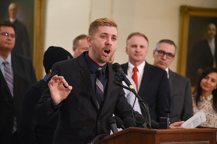 (Francisco Kjolseth  |  The Salt Lake Tribune)  Equality Utah Executive Director Troy Williams talks about legislation being introduced at the Utah Capitol to ban conversion therapy on Thursday, Feb. 21, 2019. 
