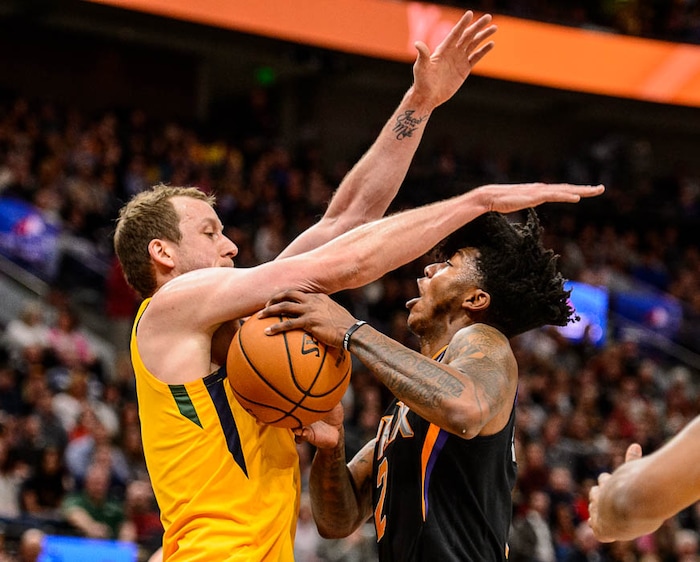 (Trent Nelson | The Salt Lake Tribune)  Utah Jazz forward Joe Ingles (2) defending Phoenix Suns guard Elfrid Payton (2) as the Utah Jazz host the Phoenix Suns, NBA basketball in Salt Lake City, Wednesday Feb. 14, 2018.