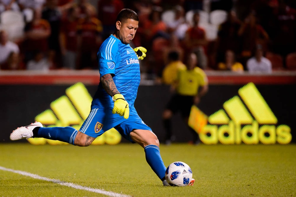 (Trent Nelson | The Salt Lake Tribune)  Real Salt Lake hosts FC Dallas, MLS soccer at Rio Tinto Stadium in Sandy, Saturday July 7, 2018. Real Salt Lake goalkeeper Nick Rimando (18).