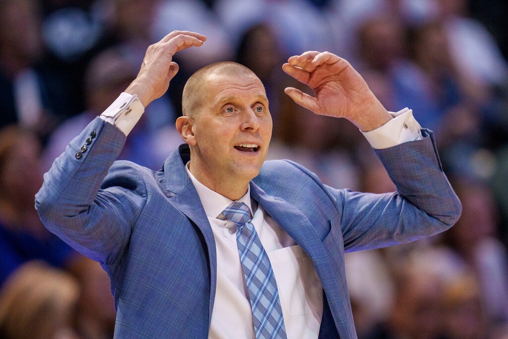 (Trent Nelson  |  The Salt Lake Tribune) BYU coach Mark Pope reacts to a foul as BYU hosts Gonzaga, NCAA basketball in Provo on Thursday, Jan. 12, 2023.