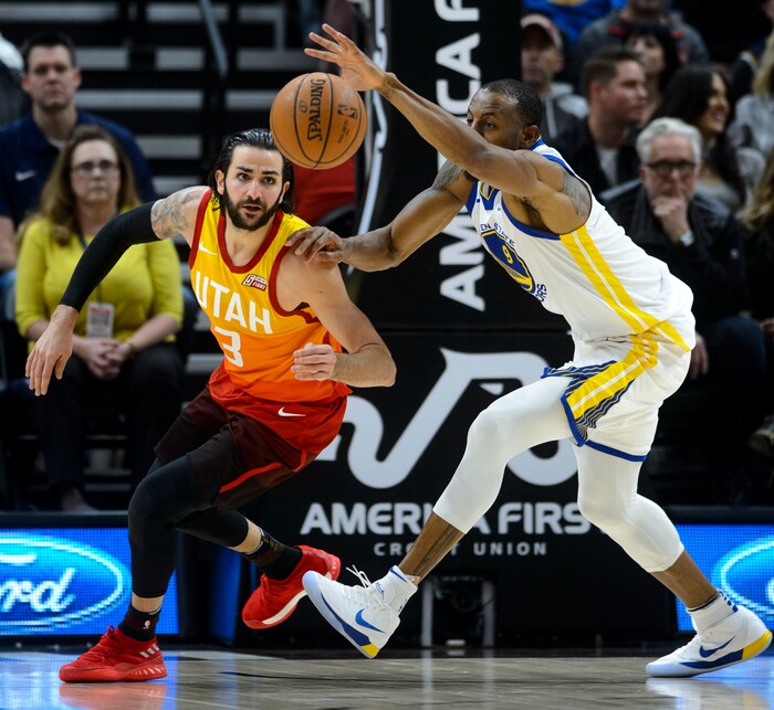 (Steve Griffin  |  The Salt Lake Tribune) Golden State Warriors forward Andre Iguodala (9) gets the ball away from Utah Jazz guard Ricky Rubio (3) during the Utah Jazz versus Golden State Warriors at Vivint Smart Home Arena in Salt Lake City Tuesday January 30, 2018.