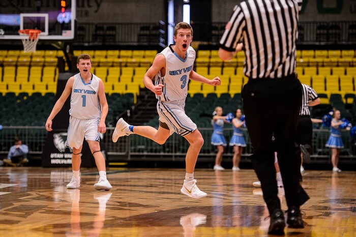 (Trent Nelson | The Salt Lake Tribune)  Payson vs. Sky View, 4A State high school basketball tournament at Utah Valley University in Orem, Thursday March 1, 2018. Sky View's Payton Lee (3) reacts to a foul.
