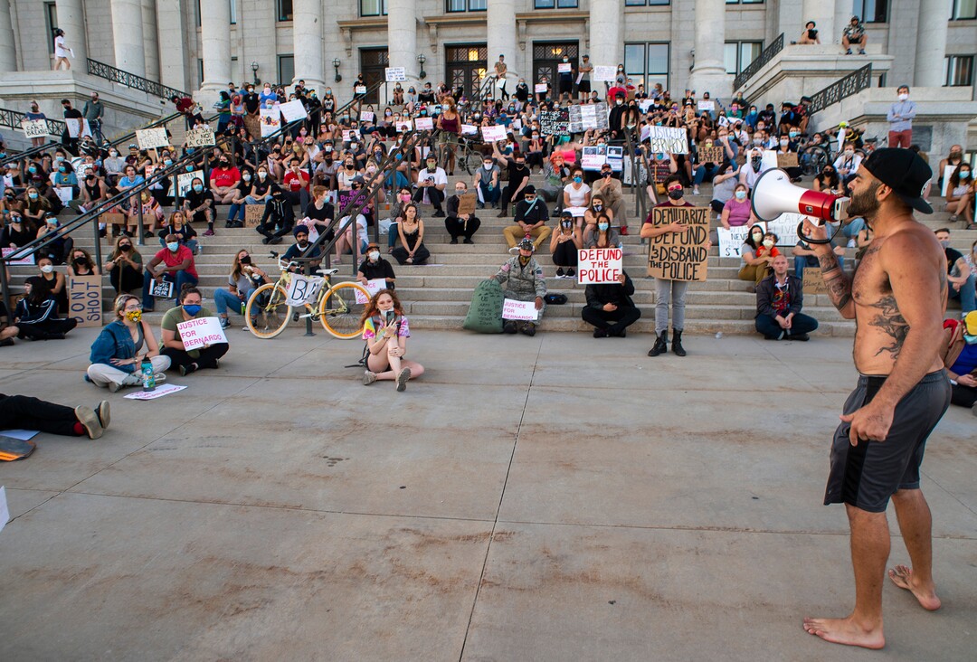 (Rick Egan  |  The Salt Lake Tribune)     Andrew Carroll speaks to the crowd as they sit on the stairs of the State Capitol on Wednesday, June 10, 2020.
