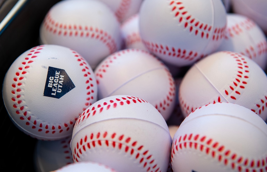 (Chris Samuels | The Salt Lake Tribune) Items advertising Big League Utah at the Silicon Slopes Summit at the Delta Center, Wednesday, Sept. 27, 2023.