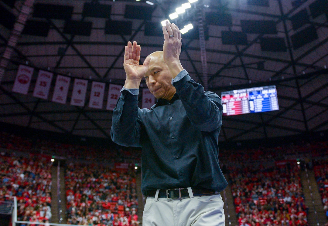 (Leah Hogsten  |  The Salt Lake Tribune) Gymnastics coach Tom Farden reacts after the bars routine as the University of Utah fifth-ranked gymnastics team hosts No. 12 University of Kentucky during its home opener, Jan. 3, 2020, at the Huntsman Center.
