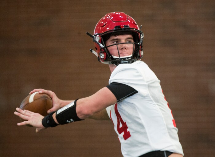 (Rick Egan  |  The Salt Lake Tribune)    Utah freshman quarterback Jack Tuttle works out on the first day of Spring practice, Monday, March 5, 2018.


