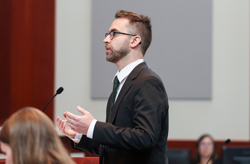(Leah Hogsten | The Salt Lake Tribune) Attorney Mark Gaber from the Campaign Legal Center presents oral arguments on behalf of groups suing the state for a case challenging the state’s congressional districts before the Utah Supreme Court in Salt Lake City, Tuesday, July 11, 2023.