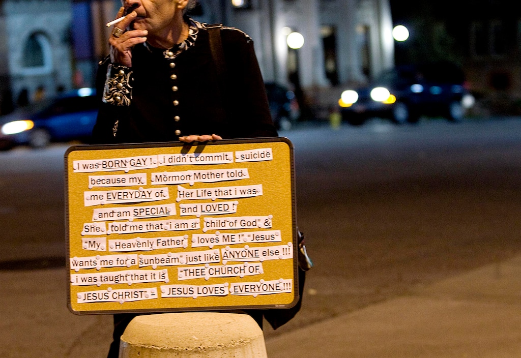 (Tribune File Photo)  Rhett, who chose not to give his last name, holds a sign talking about his being gay, after a protest with hundreds of supporters of the lesbian, gay, bisexual and transgender (LGBT) community over recent remarks by LDS apostle Boyd K. Packer that same-sex attraction is "impure and "unnatural," in Salt Lake City, Thursday, Oct. 7, 2010. 