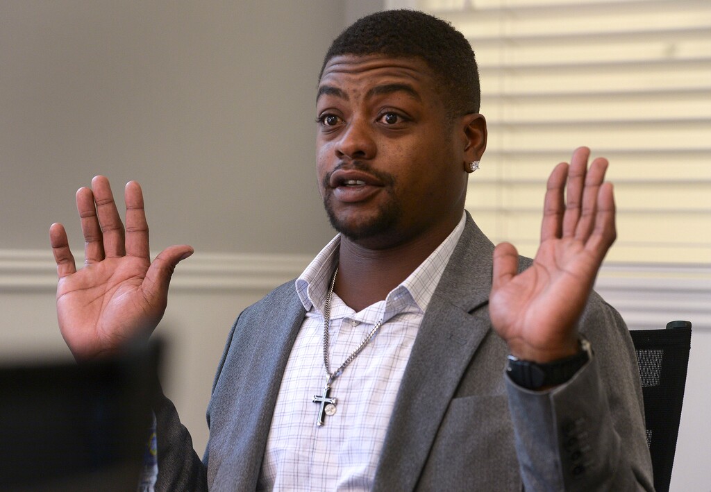 (Leah Hogsten | The Salt Lake Tribune) "I was like a chew toy," said Jeffery Ryans about the night his left leg was damaged by a Salt Lake City police dog, while discussing his case in his attorneys office on Aug. 5, 2020. Ryans is now suing Salt Lake City police after he says officers used excessive force when they commanded a police dog to attack him repeatedly while he was on his knees with his hands in the air.