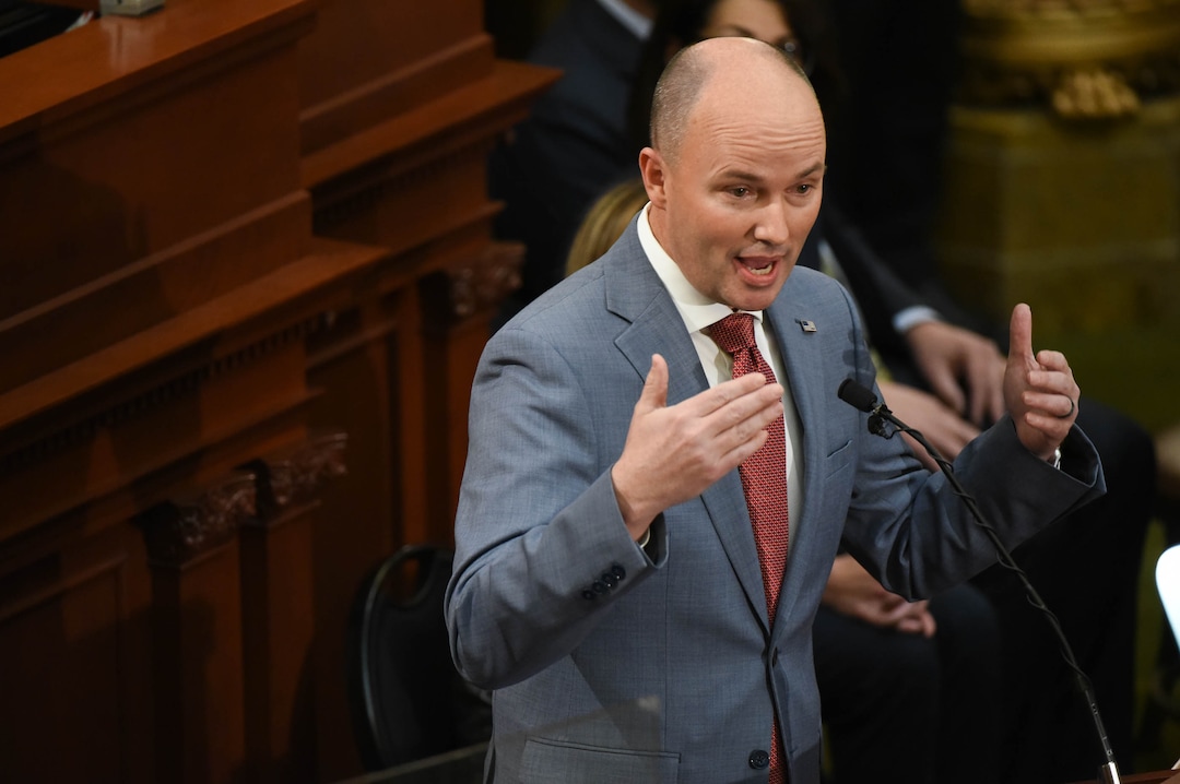 (Francisco Kjolseth  | The Salt Lake Tribune) Gov. Spencer Cox delivers his State of the State address at the Capitol in Salt Lake City on Thursday, Jan. 21, 2021.