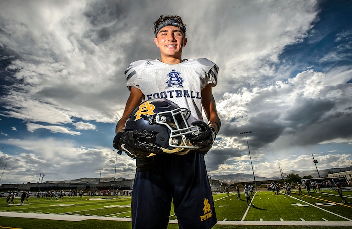 (Steve Griffin  |  The Salt Lake Tribune)  Summit Academy's Gavin Davey during practice on the school's football field in Bluffdale, Utah Wednesday September 13, 2017.
