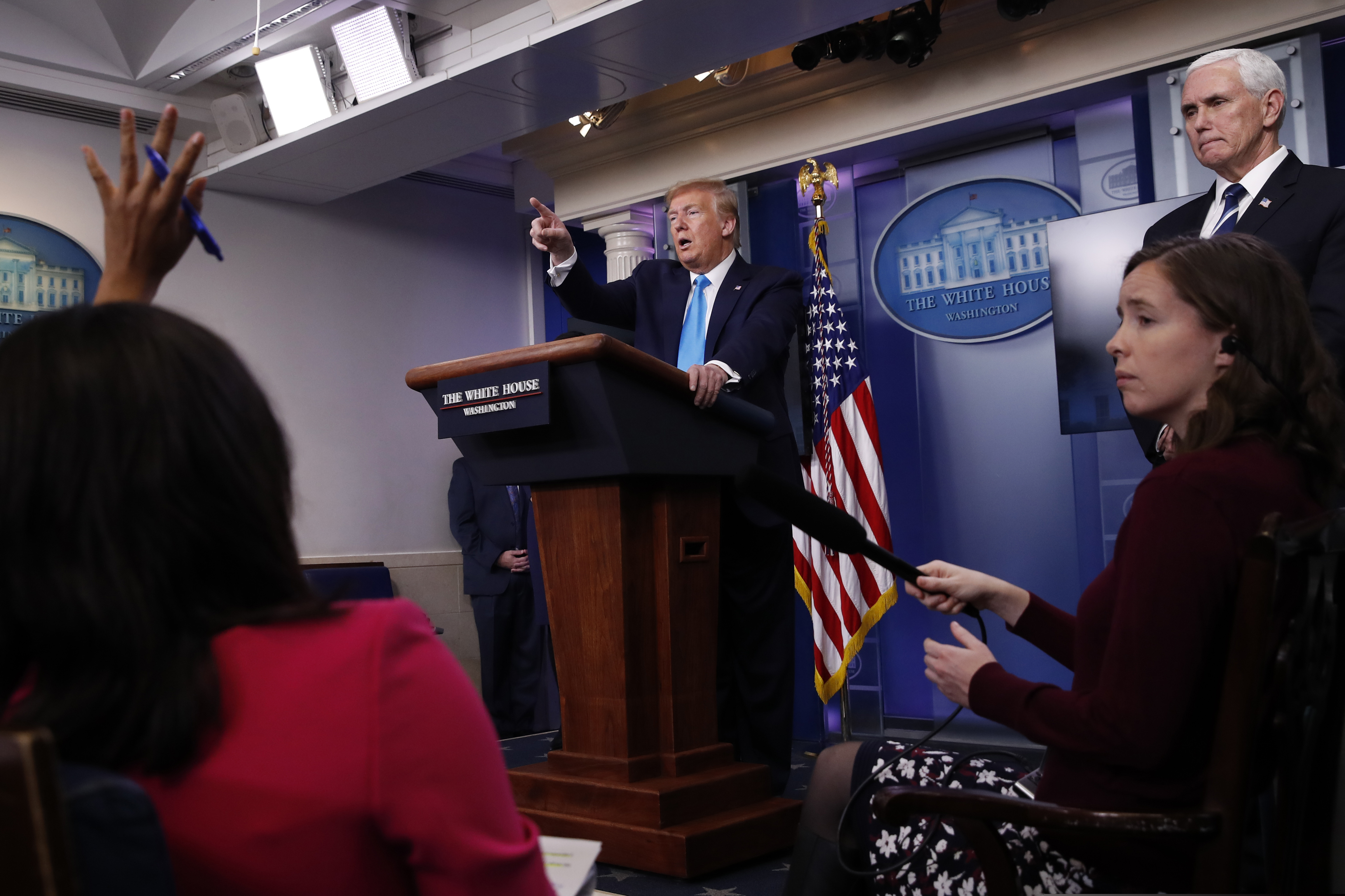 In this April 7, 2020, photo, President Donald Trump calls on a reporter for a question as he speaks about the coronavirus in the James Brady Press Briefing Room of the White House in Washington. First, it was the media that was at fault. Then, Democratic governors came under fire. China, President Barack Obama and federal watchdogs have all had a turn in the crosshairs. And now it’s the World Health Organization that's to blame. (AP Photo/Alex Brandon)