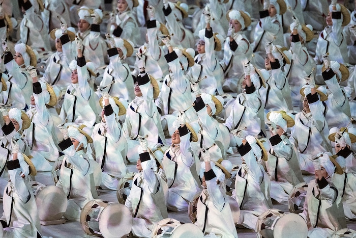 (Chris Detrick  |  The Salt Lake Tribune)  Drummers perform during the Pyeongchang 2018 Winter Olympics opening ceremony at Olympic Stadium Friday, February 9, 2018.  