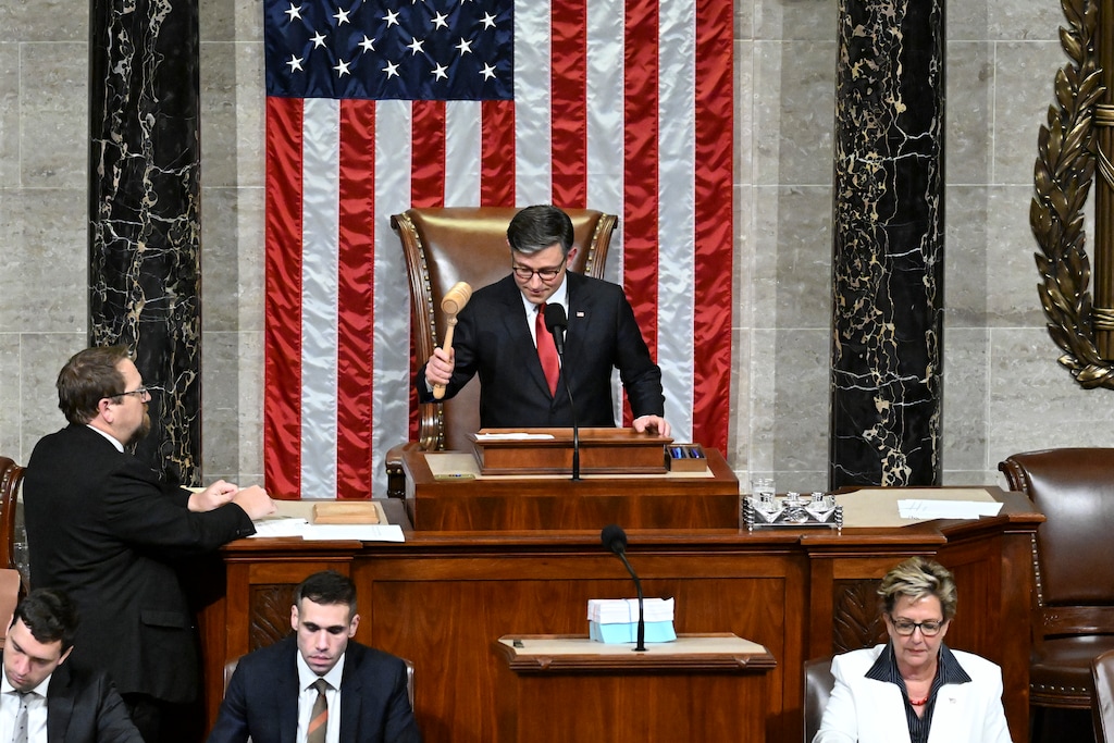 (Kenny Holston | The New York Times) House Speaker Mike Johnson, R-La., gavels down the vote on President Trump’s domestic policy bill at the Capitol in Washington on Thursday, July 3, 2025. The House on Thursday narrowly passed a sweeping bill to extend tax cuts and slash social safety net programs, capping Republicans’ chaotic monthslong slog to overcome deep rifts within their party and deliver President Trump’s domestic agenda.