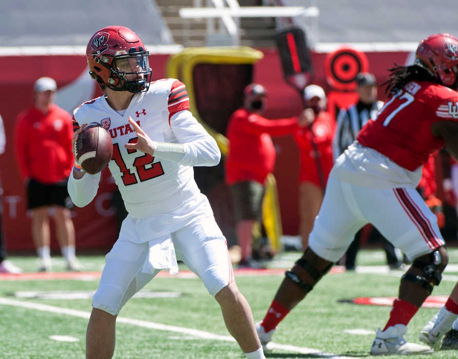 (Ed Kosmicki | Special to The Tribune) The red team QB Charlie Brewer #12 prepares to let a pass fly during the annual spring football game at the University of Utah, 17 April 2021. 