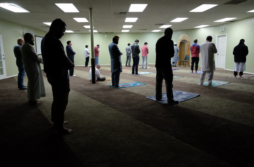 (Francisco Kjolseth  |  The Salt Lake Tribune) Imam Shuaib Din of the Utah Islamic Center in Sandy holds 10-minute prayers with increased spacing for the first time on Friday, May 8, 2020, since closing down for the coronavirus pandemic.