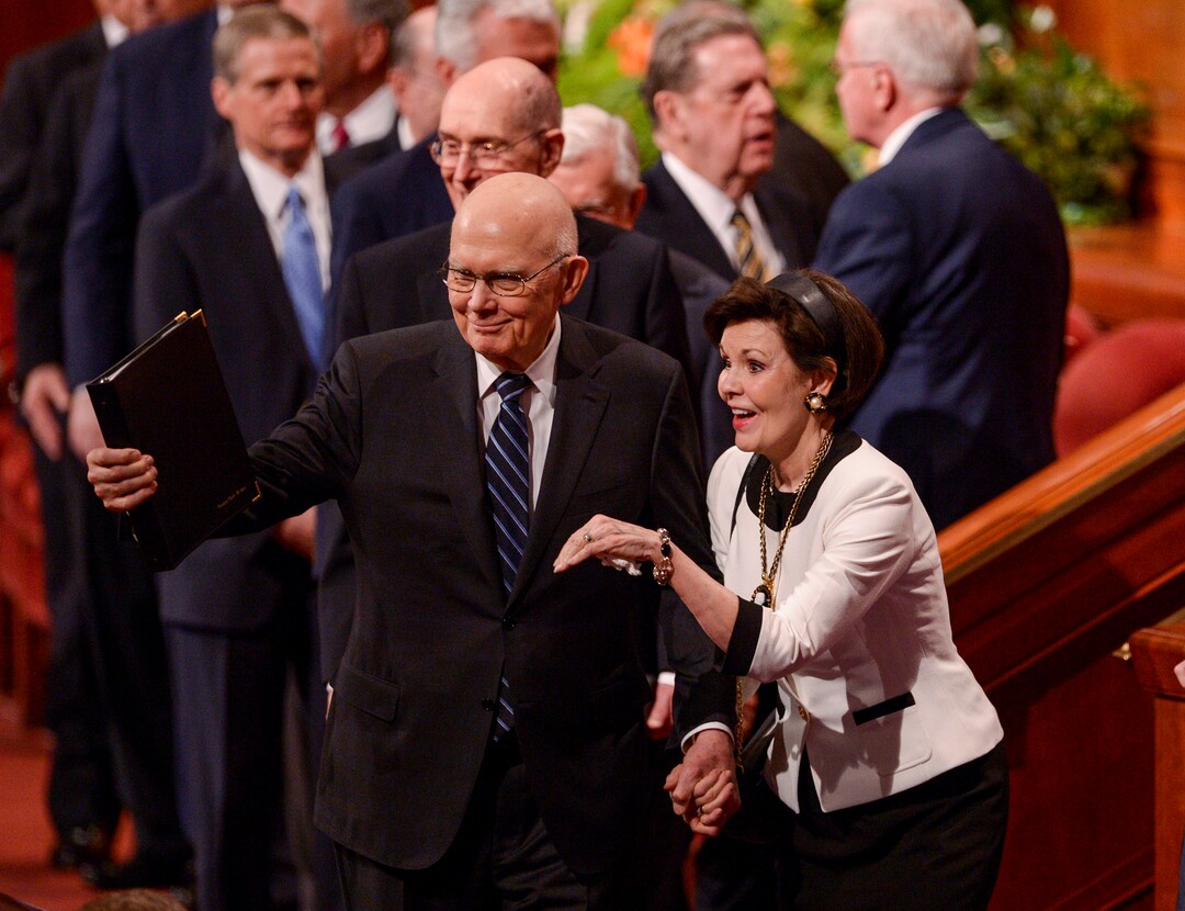 Leah Hogsten  |  The Salt Lake Tribune President Dallin H. Oaks, first counselor in the First Presidency and president of the Quorum of the Twelve Apostles, and his wife, Kristen wave to the crowd at the close of the 189th Annual General Conference of The Church of Jesus Christ of Latter-day Saints, April 6, 2019 in Salt Lake City. 