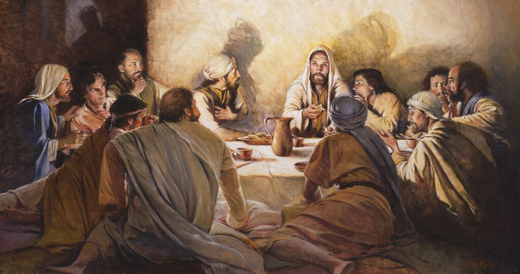 (The Church of Jesus Christ of Latter-day Saints) "In Remembrance of Me," by Walter Rane. This scene depicts the biblical Last Supper.