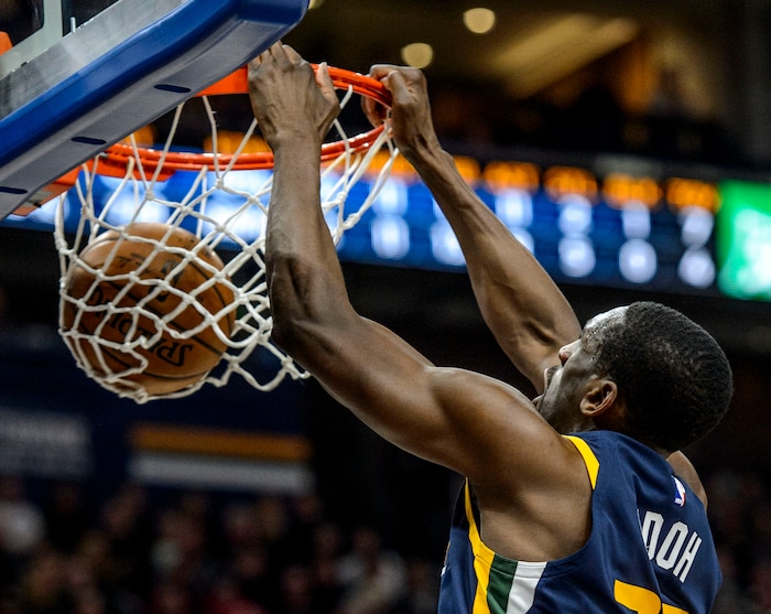 (Steve Griffin  |  The Salt Lake Tribune) Utah Jazz center Ekpe Udoh (33) dunks the ball during the the Utah Jazz versus the New Orleans Pelicans NBA basketball game at the Vivint Smart Home Arena in Salt Lake City Wednesday January 3, 2018.