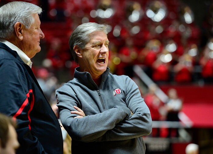 (Scott Sommerdorf   |  Tribune File Photo)  Utah athletic director Chris Hill watches as Utah basketball defeated Washington State 88-47, Sunday, February 14, 2016.