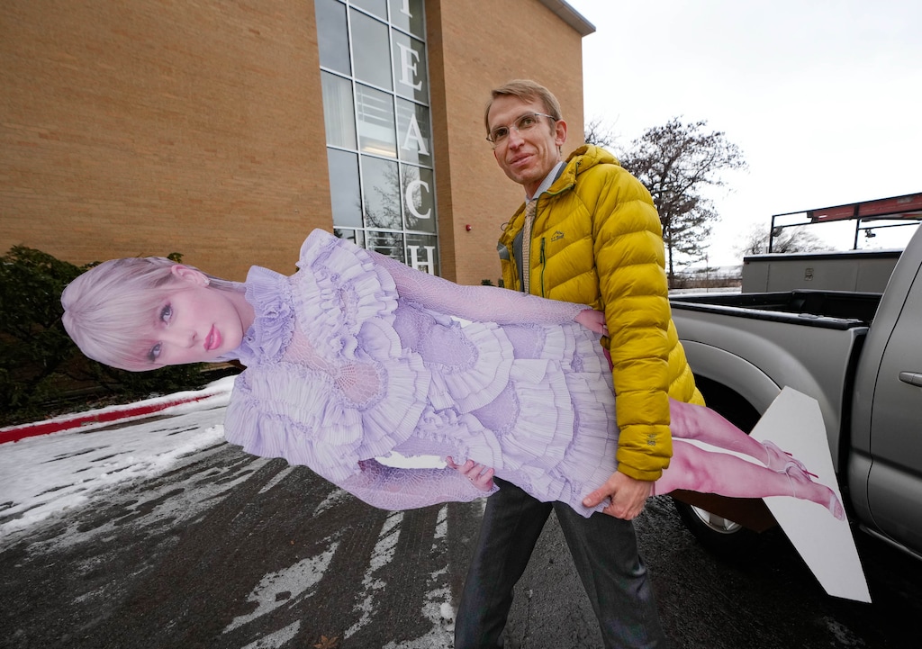 (Francisco Kjolseth | The Salt Lake Tribune) Ryan Davis, an associate professor of political science at Brigham Young University, is teaching a philosophy course this term that incorporates the lyrics of Taylor Swift. Once word got out, the son of a colleague gifted a life-size cutout of Swift to Davis as a joke. Davis is pictured by his office on campus Wednesday, Jan. 17, 2024.