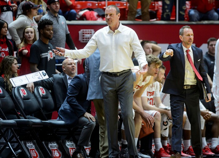 (Steve Griffin  |  The Salt Lake Tribune) Utah head coach Larry Krystkowiak tosses his clip board as he can't believe a call late in the Utes game against the Arizona State Sun Devils at the Huntsman Center on the University of Utah campus in Salt Lake City Sunday January 7, 2018.