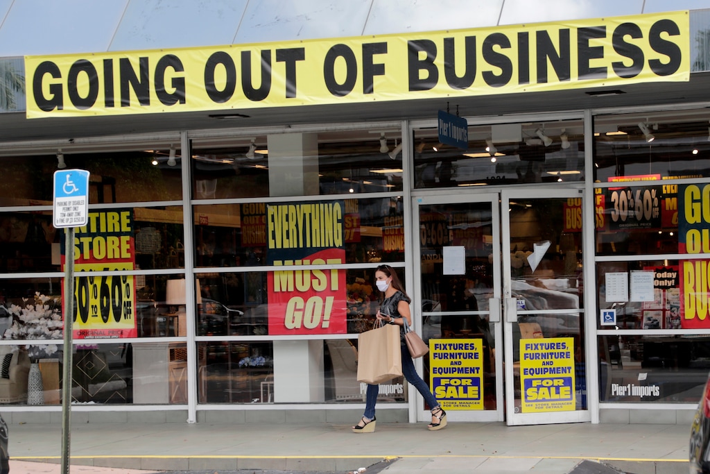 (Lynne Sladky | AP file photo)

In this Aug. 6 photo, a customer leaves a Pier 1 retail store, which is going out of business, during the coronavirus pandemic in Coral Gables, Fla. The Labor Department reported unemployment numbers Thursday, Sept. 3.