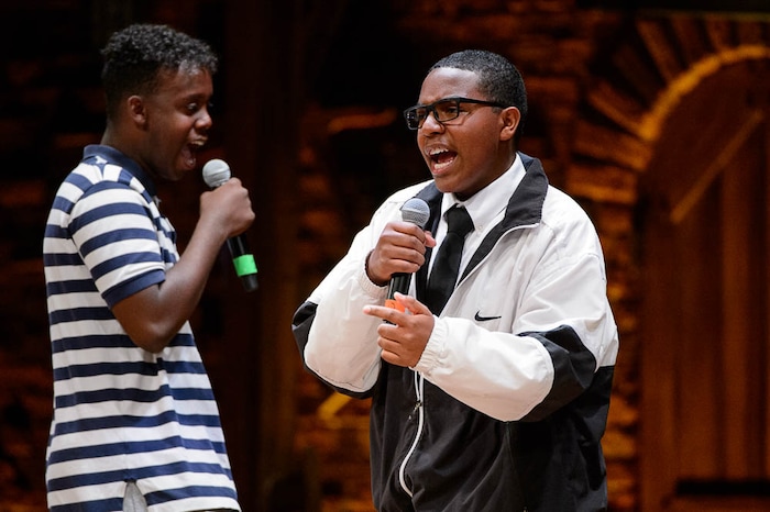 (Trent Nelson | The Salt Lake Tribune) Ismail Yussuf and Vicente Beruman of Salt Lake Center for Science Education perform in the Hamilton Education Project, or EduHam, at the Eccles Theater in Salt Lake City, Friday May 4, 2018.