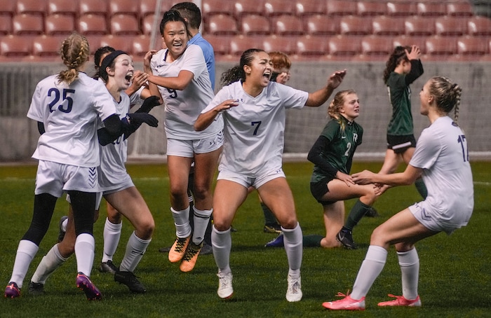 (Leah Hogsten | The Salt Lake Tribune)  Waterford School defeated Rowland Hall-St. Marks High School, 4-3 to win the 2A State Soccer Championship game Oct. 23, 2021 at Rio Tinto Stadium.